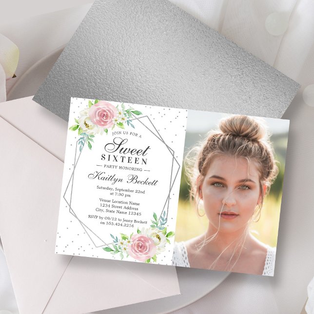 Invitación Cumpleaños Chic Cumpleaños 16 con Hoja de Plata Fl (Subido por el creador)