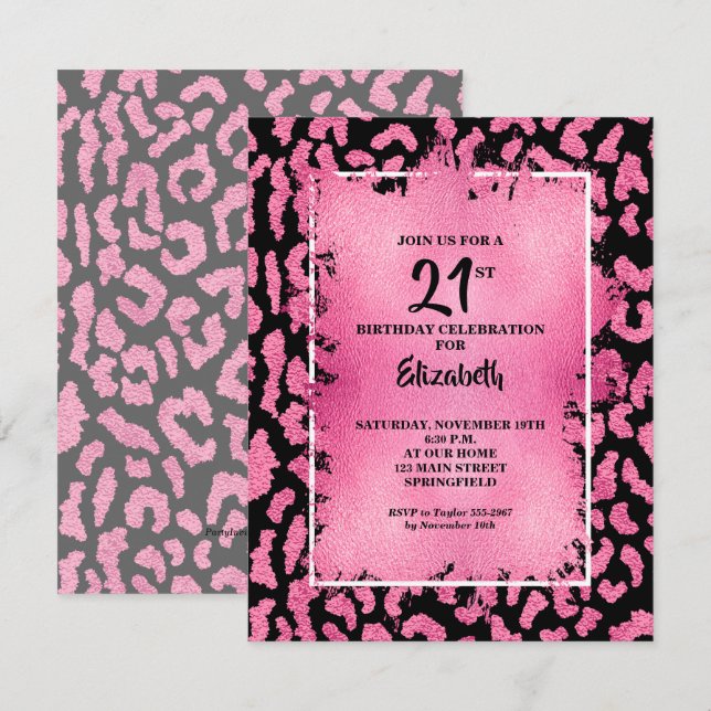 Invitación Cumpleaños chic de estampado de leopardo rosa y ne (Anverso / Reverso)