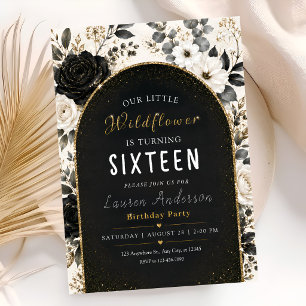 Invitación Cumpleaños Chic Flores de Oro Negro 16