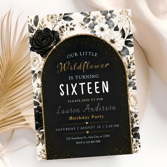 Invitación Cumpleaños Chic Flores de Oro Negro 16 (Subido por el creador)