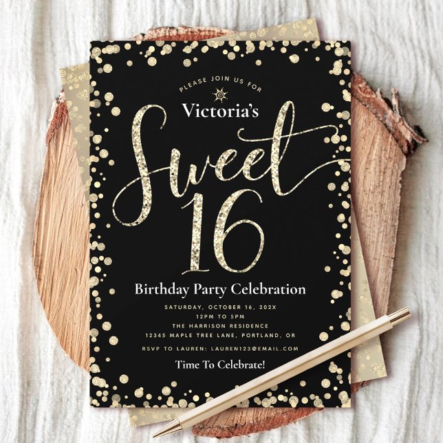 Invitación Cumpleaños Chic Glitter Script Negro Oro Dulces 16 (Subido por el creador)