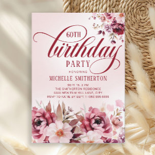 Invitación Cumpleaños Chic Rosa Burdeos Floral Glam 60