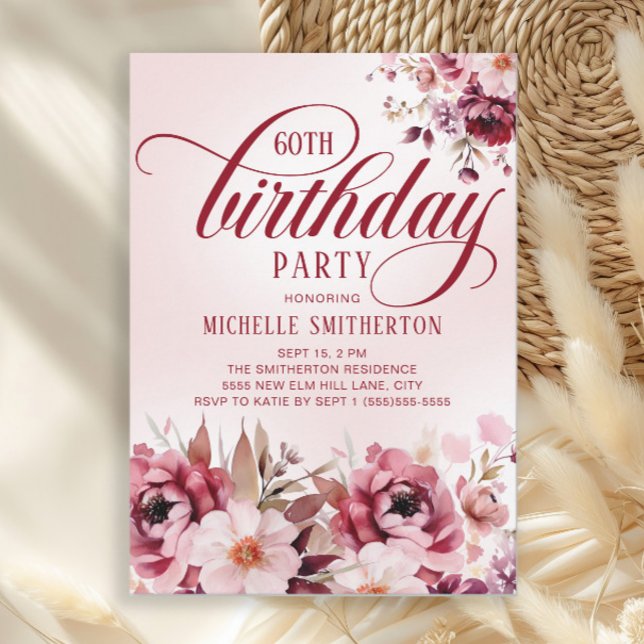 Invitación Cumpleaños Chic Rosa Burdeos Floral Glam 60 (Elegant burgundy and pink watercolor floral women's 60th birthday party invitation)