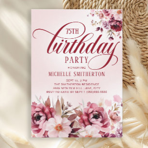 Invitación Cumpleaños Chic Rosa Burdeos Floral Glam 75