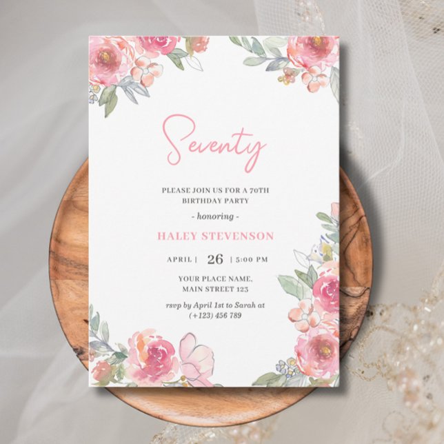 Invitación Cumpleaños Chic Setenta 70 Floral Rosa Acuarela (Subido por el creador)