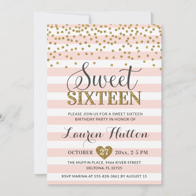 Invitación Cumpleaños Chic Sweet Sixteen Rosa Dorado Fiesta (Anverso)