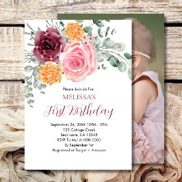 Invitación Cumpleaños Chica Borgoña Rubor Floral rosa