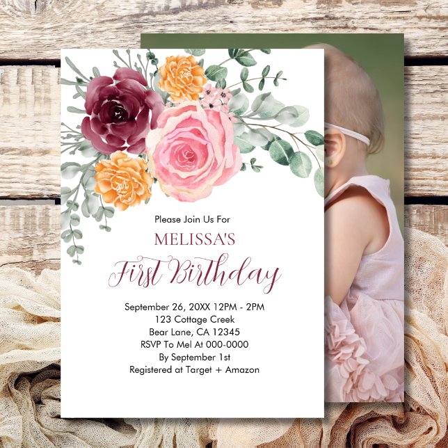 Invitación Cumpleaños Chica Borgoña Rubor Floral rosa (Subido por el creador)
