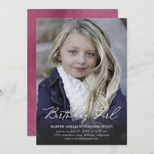 Invitación Cumpleaños Chica caligrafía moderna Cumpleaños (Anverso / Reverso)