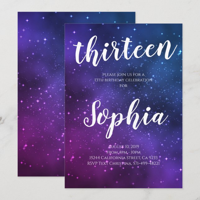 Invitación Cumpleaños Chica Espacio Estrellas Moradas Univers (Anverso / Reverso)