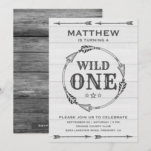 Invitación Cumpleaños Chico Tribal Rústico Flecha Salvaje Uno (Anverso / Reverso)