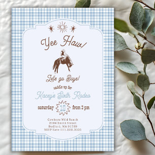 Invitación Cumpleaños Chico Vaquero Vintage Rodeo Azul Liso