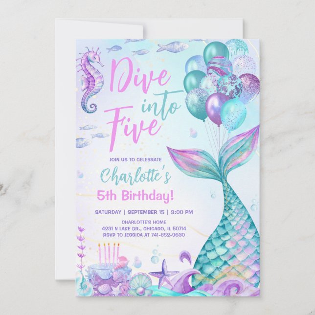 Invitación Cumpleaños cinco de sirena de buceo (Anverso)