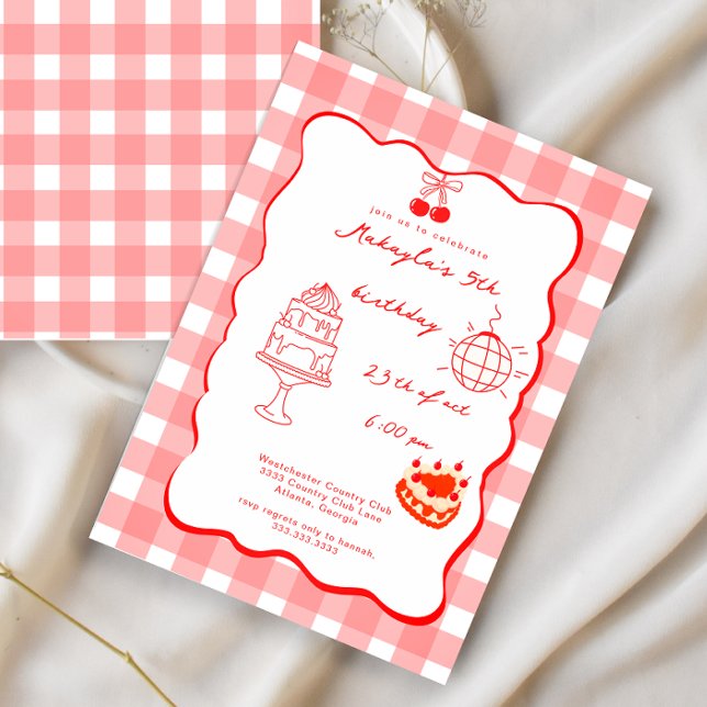 Invitación Cumpleaños Cinco Dulce Coquette Acuarela Cereza (Subido por el creador)