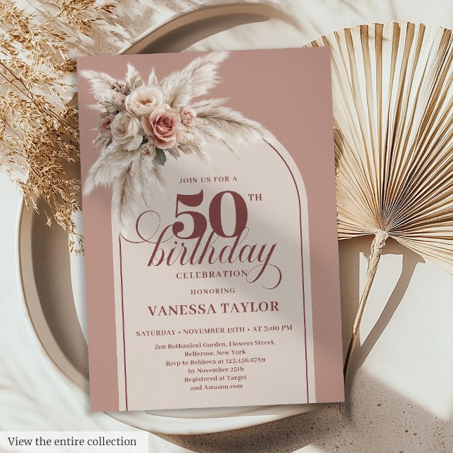 Invitación Cumpleaños cincuenta Chic Boho Dusty Rose Pampas F (Chic Boho Dusty Rose Pampas Floral Fifty Birthday)