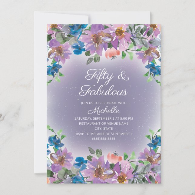 Invitación Cumpleaños cincuenta fabulosos de mujer con flores (Anverso)