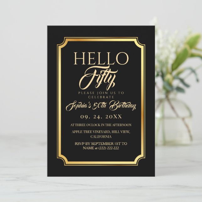Invitación Cumpleaños cincuenta negro oro Hello 50 (Anverso de pie)