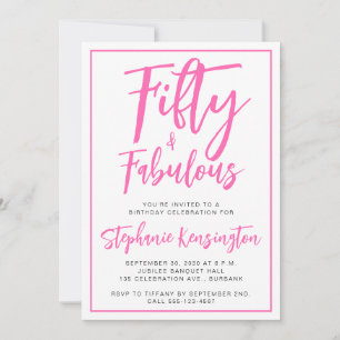 Invitación Cumpleaños cincuenta rosa y fabuloso en letra scri
