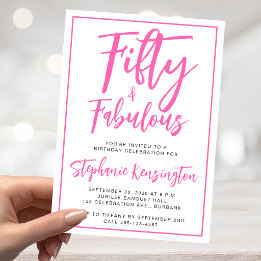 Invitación Cumpleaños cincuenta rosa y fabuloso en letra scri