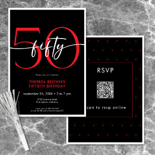 Invitación Cumpleaños cincuenta script QR rojo minimalista mo