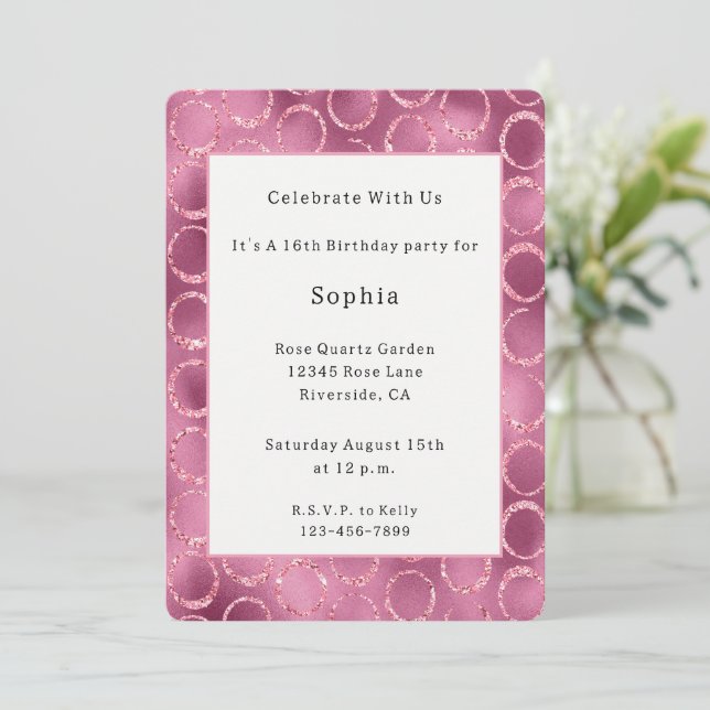 Invitación Cumpleaños Círculos Rosa Glitzy   (Anverso de pie)