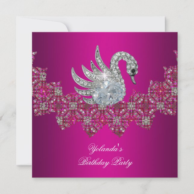 Invitación Cumpleaños Cisne rosa Floral Negro (Anverso)