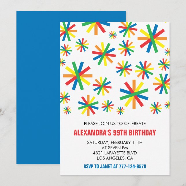 Invitación Cumpleaños clásico con confeti número 99 (Anverso / Reverso)
