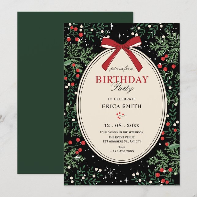 Invitación Cumpleaños clásico de lazo de cereza (Anverso / Reverso)