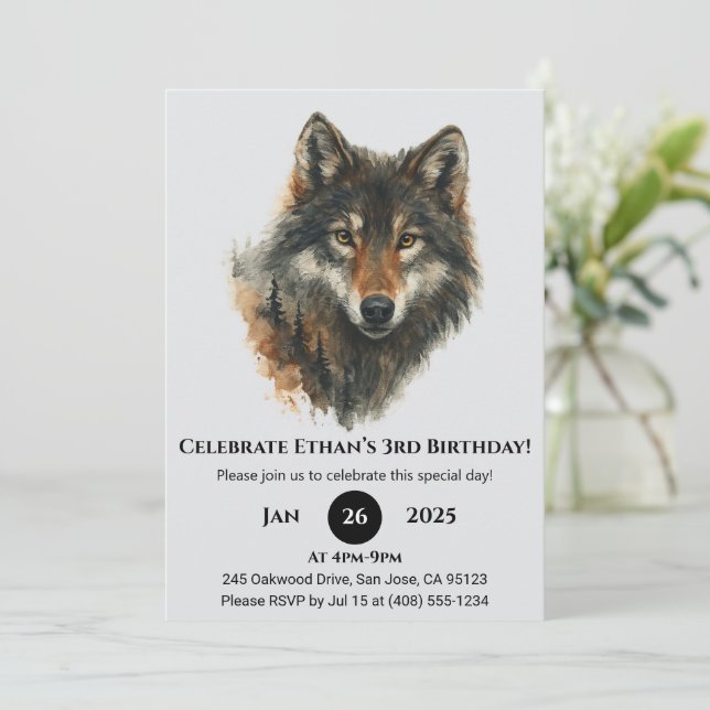 Invitación Cumpleaños clásico de lobo con acuarela (Anverso de pie)