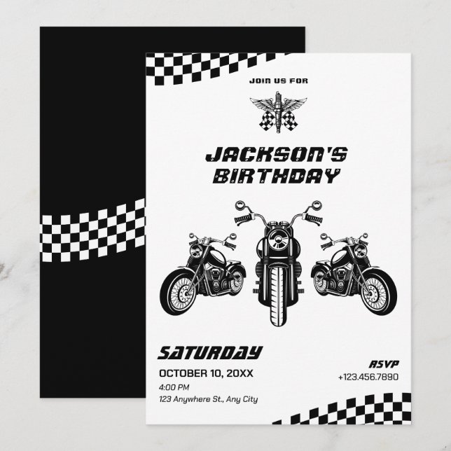 Invitación Cumpleaños clásico de mecánica de moto (Anverso / Reverso)