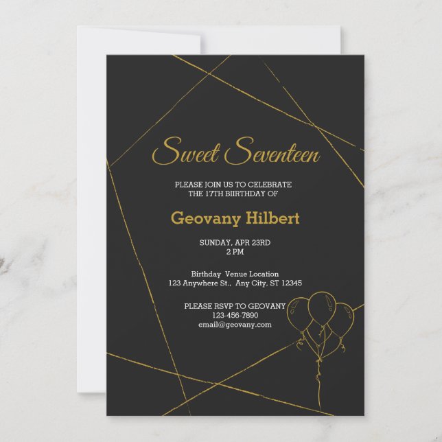 Invitación Cumpleaños Clásico de Oro y Negro (Anverso)