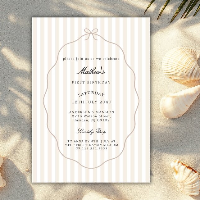 Invitación Cumpleaños clásico de rayas beige marrones con laz (Subido por el creador)