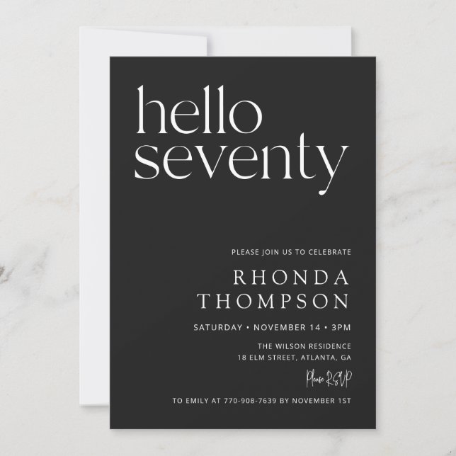 Invitación Cumpleaños clásico negro setenta hola simple 70 (Anverso)