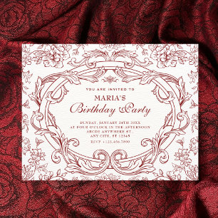 Invitación Cumpleaños clásico vintage floral rojo