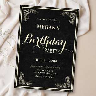 Invitación Cumpleaños clásico vintage negro elegante 