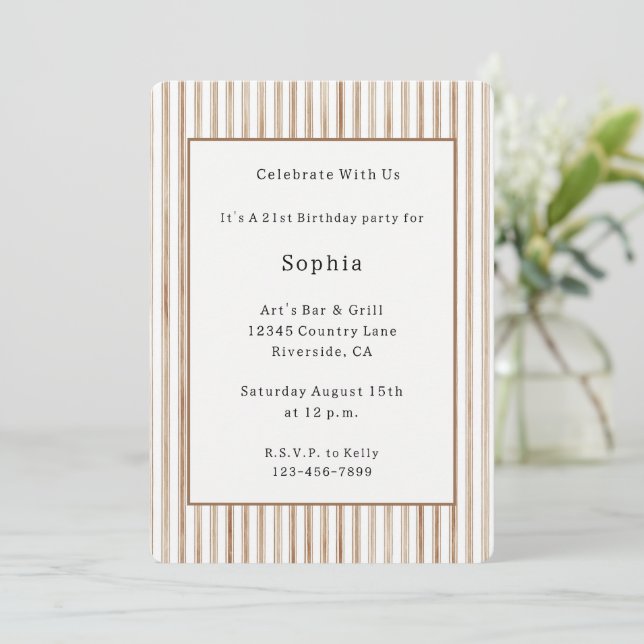 Invitación Cumpleaños Cocoa Lazos Marrón Crema Rayas (Anverso de pie)