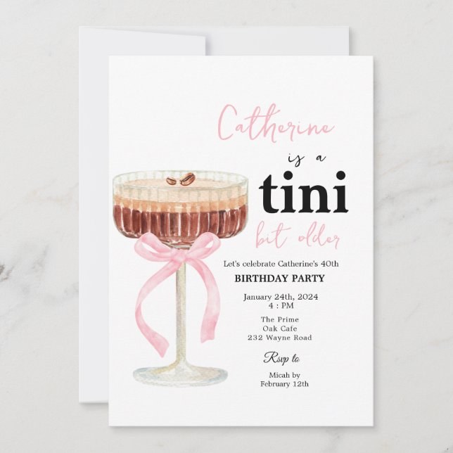 Invitación Cumpleaños Cóctel de Café con Lazo Moderno Rosa (Anverso)