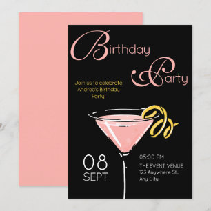 Invitación Cumpleaños cóctel elegante rosa negro