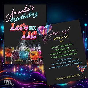 Invitación Cumpleaños Cóctel Hielo Seco Neón Luz Negra