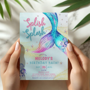 Invitación Cumpleaños Cola de Sirena Brillo Splash