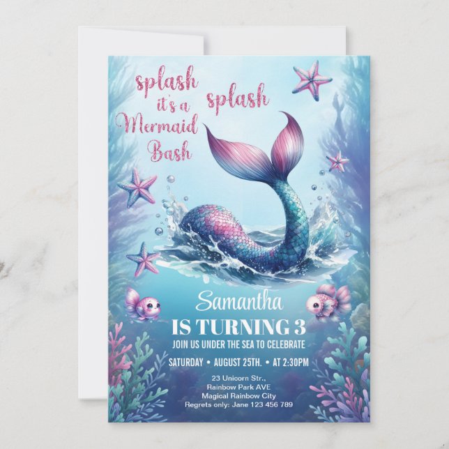 Invitación Cumpleaños cola de sirena de acuarela rosa dorada  (Anverso)