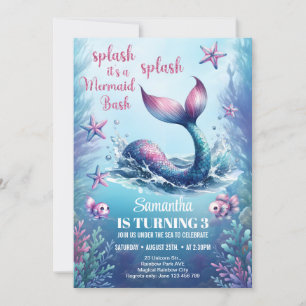 Invitación Cumpleaños cola de sirena de acuarela rosa dorada