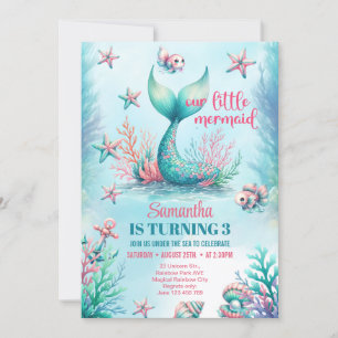 Invitación Cumpleaños cola de sirena turquesa acuarela elegan