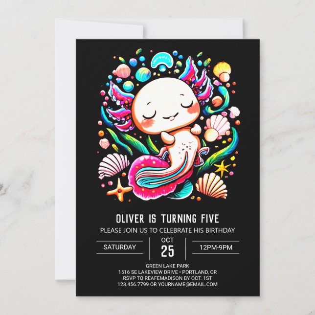 Invitación Cumpleaños coloreado de Axolotl impresable (Anverso)