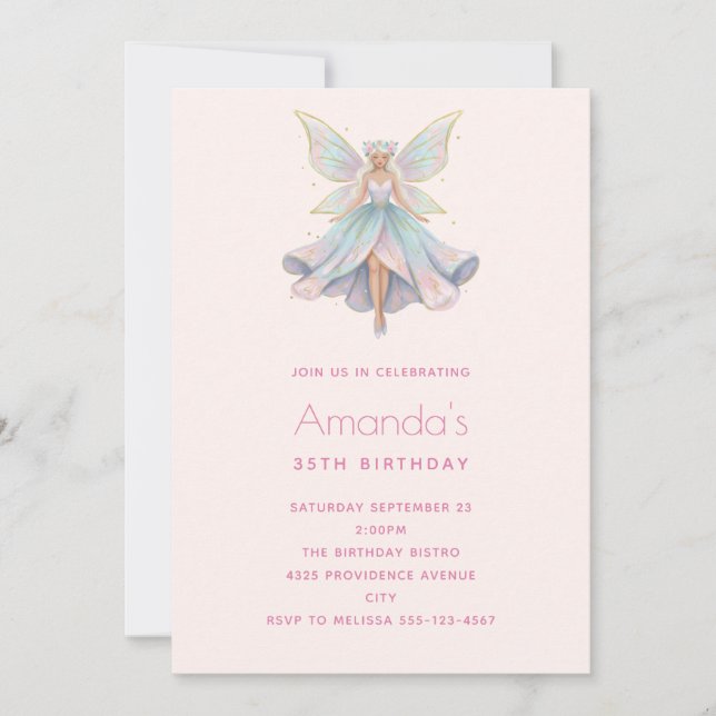 Invitación Cumpleaños Colores Pastel Hada Ángel Mágico (Anverso)