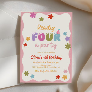 Invitación Cumpleaños Colorido de 4 Años con Flores de Margar