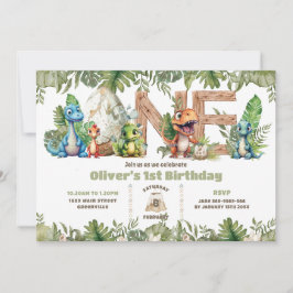 Invitación Cumpleaños Colorido de Dinosaurios y Verdor UNO 1e