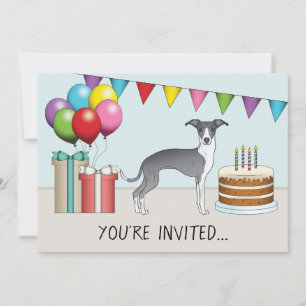 Invitación Cumpleaños Colorido de Galgo Italiano Blanco y Azu