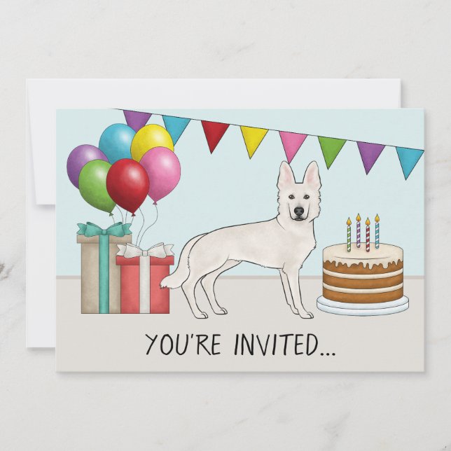 Invitación Cumpleaños colorido de perro pastor alemán blanco (Anverso)