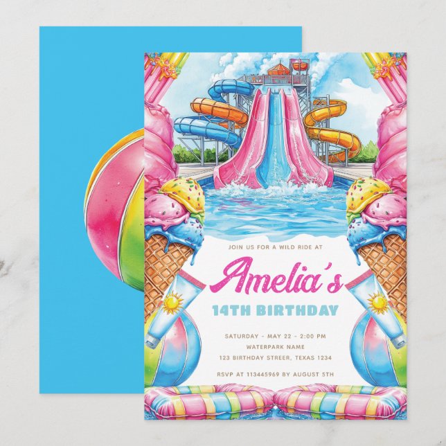 Invitación Cumpleaños Colorido en Parque Acuático (Anverso / Reverso)